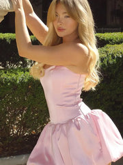 LIZAKOSHT - Elegant Pink Strapless Women Mini Dress Fashion Backless Sleeveless Pleated Hem Dresses 2024 Summer Lady Slim Party A-line Robes