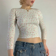 LIZAKOSHT - Y2K Aesthetic Lace Trim Kawaii Crop Tops Fairycore Floral Print T-Shirts Spring Long Sleeve Slim Fit Tops Tees 00s Retro Clothes