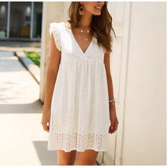 LIZAKOSHT - Temperament Commuter Women's Wear Summer V-Neck Short Sleeve Lace Dress