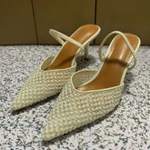 LIZAKOSHT - Pointed Toe White High Heels Shoes for Women Summer Breathable Pearl Mesh Designer Brand Elegant Party Wedding Female Sandals