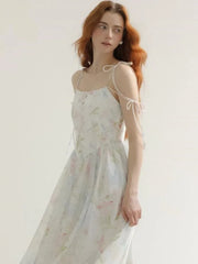 LIZAKOSHT - French Style Fairy Princess Floral Print Long Dress Temperament Gentle Tight Waist Slimming Puff Sleeve Sling Vacation Dress
