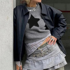 LIZAKOSHT - Autumn Fashion Star Patchwork Cropped Sweater Y2k Aesthetics Slim Tops Vintage Pullover Harajuku All Match Knitted Jumpers