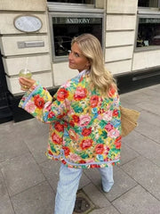 Lizakosht Flower Printed Quilted Parka Women Thick Warm Coat Spliced Flare Long Sleeve 2024 Autumn Winter Casual Streetwear Oversize Coat