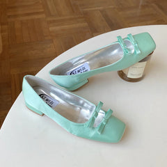 Lizakosht Mint green satin single shoe square toe bow low heel comfortable versatile Mary Jane shoes