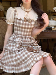 LIZAKOSHT  -  Japan Vintage Plaid Dress Women Casual Short Sleeve Slim Party Y2k Mini Dress Women Kawaii Clothing One Piece Dress Korean Summe