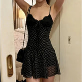 LIZAKOSHT - French Retro Sexy Hottie Black Polka Dot Lace Edge Suspender Dress Women's Waist and Thin Super Fairy A-shaped Dress