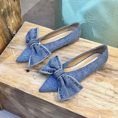 LIZAKOSHT  -  New Blue Square Toe Bowknot Princess Single Shoes Spring and Summer Denim Shallow Mouth Sweet Personality Casual Flat Shoes