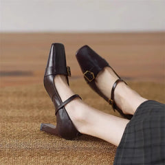 LIZAKOSHT - Metal Buckle Decoration Mary Jane Shoes Women Comfortable Leather High Heels Elegant Chunky Heel Women Pumps Zapatos De Mujer