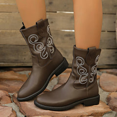 LIZAKOSHT - Pu Leather Retro Western Boots Women Autumn Platform Low Heels Chelsea Ankle Boots Woman Embroider Slip On Cowboy Booties