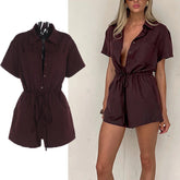 LIZAKOSHT - Shirt-Collar Romper Solid Tie-Waist Shorts Jumpsuit with Pockets Casual Sleeveless One Piece Outfit Office Romper
