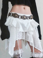 LIZAKOSHT - Lrregular Ruffle Lace Patchwork Mini Skirt Women y2k Streetwear Vintage Korean Casual White Tiered Layer Skirt Boho