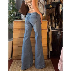 LIZAKOSHT - American Vintage Washed Low-rise Flared Jeans Stylish Street Chic Low Rise Jeans Hot Girl Simple Casual Trousers Pants Women