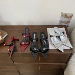 LIZAKOSHT - Slippers Women Summer Shoes Thin Heels Slides Heeled Mules Jelly Flip Flops Low Pantofle Pointed Toe Silver High Glitter 2024 Fa