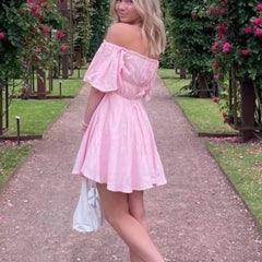 LIZAKOSHT - Elegant Sexy Square Collar Mini Dress Women Vintage Puff Short Sleeve Elastic Waist Summer Dresses Female Boho Vestidos