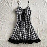 LIZAKOSHT - Harajuku Grid Pattern Sling Womens Dresses Mini Dress Vintage Sexy Y2k Grunge Fashion Backless American Summer 2000s Punk V-Neck