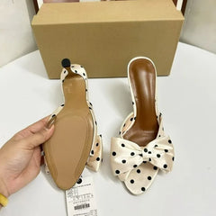 LIZAKOSHT - Summer New Women's Polka Dot Bow Satin Mules - Stiletto High Heel Open Toe Fashion Slippers for Party Evening Dress Shoes