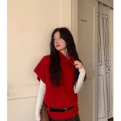 LIZAKOSHT - Women Funnel-Neck Knitted Vest Solid Autumn Casual with A Belt Sleeveless Sweater Elegant Woman Vintage Knitwear Waistcoat