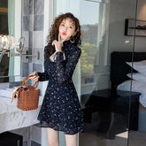 LIZAKOSHT - Black Princess Dress Women Long Sleeve Halter Style Floral Dress Vintage Improved Cheongsam Slim Mini Skirts Fashion Party Wear