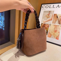 LIZAKOSHT - Retro Matte Bucket Handbag Women Suede Woven Handle Shoulder Bag Ladies Harajuku Everyday Casual Versatile Crossbody Bag