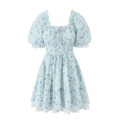 LIZAKOSHT  -  Lace Trim Floral Print Mini Dress Women Vintage Puff Sleeve Elastic Waist Summer Dress Party Holiday Robe Beautiful