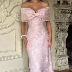 LIZAKOSHT - Pink Off Shoulder Big Bow Mermaid Maxi Dresses Floral Embossed Satin Slim Floor Length Formal Wedding Guest Evening Party Gown