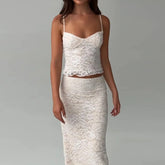 LIZAKOSHT - Sexy Lace V-neck Spaghetti Strap Tops and Bodycon Trumpet Long Skirt Y2K Summer Fashion Daily Outdoor Women 2 Piece Set
