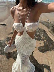 LIZAKOSHT - Sequin Knitted Halter Dress Bikini Hollow Out Crochet Hanging Neck Sexy Beach Strap Women Long Fishtail Dress Expose Waist Robes