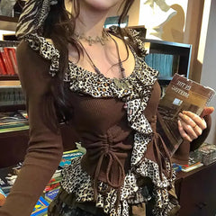 LIZAKOSHT  -  Ancient Long-Sleeved V-Neck Leopard Print Bottoming Shirt Women Autumn Winter New Slim Versatile Design Drawstring Top Trendy