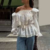 LIZAKOSHT - Sexy Off-Shoulder Lace Patchwork T-Shirt Top Women Lantern Sleeve Fashion Casual Solid Female T-shirt Top Streetwear