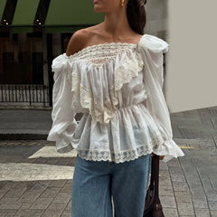 LIZAKOSHT - Sexy Off-Shoulder Lace Patchwork T-Shirt Top Women Lantern Sleeve Fashion Casual Solid Female T-shirt Top Streetwear