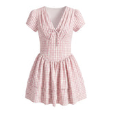 LIZAKOSHT - Sweet Pink Plaid Print Bow V neck Short Puff Sleeve Dress Women Low Waist Spliced Ruched Swing Ball Gown Vestidos Femme Robe