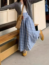 LIZAKOSHT - Oversize Sweet Blue Plaid Skirt for Women Early Autumn New High Waist Skirts Y2k Mid-length Loose A-line Faldas Mujer