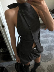 LIZAKOSHT - Y2K Sexy Dark Grey Chic 2 Pieces Sets Women Halter Neck Button Side Tie Tops + Mini Skirt Harajuku Streetwear Clubwear Outfits