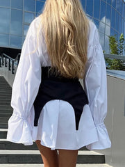 LIZAKOSHT - Fashion Lace Up Short Dress For Women Stand Flare Sleeve Hollow Out Draped Vestidos 2025 Summer Elegant Female Casual Dresses