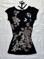LIZAKOSHT - Y2k Aesthetic Vintage Flower Printing T-shirt 2025 Summer Backless Bandage Streetwear Tops Harajuku Sexy grunge Fairy Tshirts