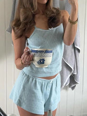 LIZAKOSHT - Women Cozy Pajama Set Summer Flower Print/Solid Color Sleeveless Camisole with Loose Shorts Sleepwear Female Casual Loungewear