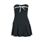 LIZAKOSHT - Bow Backless Sexy Mini Dress Women Elegant Party Off Shoulder High Waist Casual Slim Fit Strapless Contrasting Gowns Summer