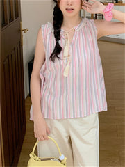 LIZAKOSHT - Pink Tank Tops Women Stripes Sweet OL Sleeveless Chic Loose Gentle New Casual Office Lady Slim Sexy Outwear