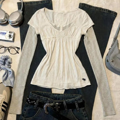 LIZAKOSHT - Korean Vintage Spliced V Neck Long Sleeve Women Fake Two Piece Y2k Aesthetic Striped Slim Waist Clothes Casual American Tops