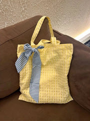 LIZAKOSHT - Korean 2024 Summer Yellow Plaid Handbag Tote Bags Large Capacity Women Commute Shoulder Bag