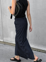 LIZAKOSHT - French Commuter Fashion Stripe Half Skirt Women's Split Slim Fit Straight Suit Long Skirts Professional Office Ladies Wear