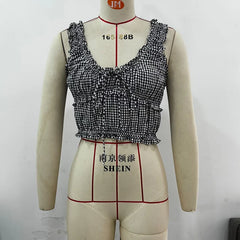 LIZAKOSHT - New Women Ruffled Trim Plaid Tank Top Sexy Sleeveless V Neck Female Summer Crop Top