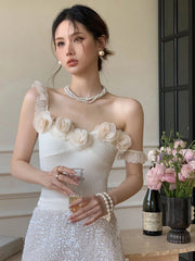 LIZAKOSHT - New Summer Clothes Single Strapless 3d Flower Slim Model Elastic Women Top,off The Shoulder Sexy Tank Tide