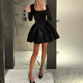 LIZAKOSHT - Classic Black Princess Fluffy Dress For Women Elegant Crew Neck Long-sleeved High Waist Pleated Mini Gowns Party Streetwear
