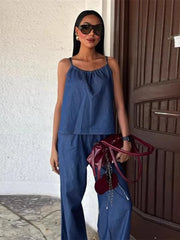 LIZAKOSHT - Women's Two Pieces Set Denim Pant Sets Sleeveless Tanks Tops Sets Women's Suits High Waist Wide Leg Trousers Outfit Streetwear
