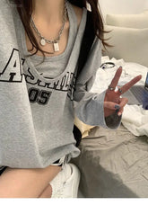 LIZAKOSHT - Sudaderas Spring Autumn Sweatshirt Halter Letter Print Loose 2 Piece Aesthetic Hoodies Women Retro Fashion Casual Y2k Streetwear