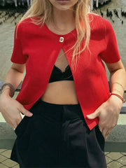 LIZAKOSHT - Women's Solid Chic Round Neck Knitted Cardigan Sexy Single Button Short Sleeves Slimming Tops 2024 Fashion Casual Lady Outerwear