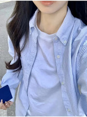 LIZAKOSHT - Casual Women Blue Single-breasted Striped Shirts Summer Fashion Ladies Polo Neck With Pocket Shirts Female Loose Shirts