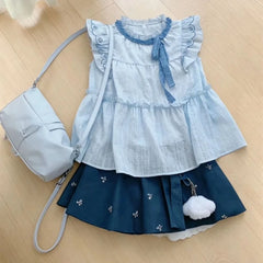 LIZAKOSHT - Y2k Harajuku Vintage Sweet Slim 2 Piece Skirt Sets Kawaii Bow Sleeveless Tops + Print Cake Mini Skirts 2000s Lolita Suits Summer