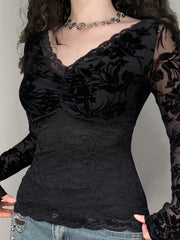 LIZAKOSHT - Sweetown Black Lace V-Neck Slim Fit Long Sleeve Women Blouses Sexy Hottie All-Match Chic Fashion Trendy Clothing